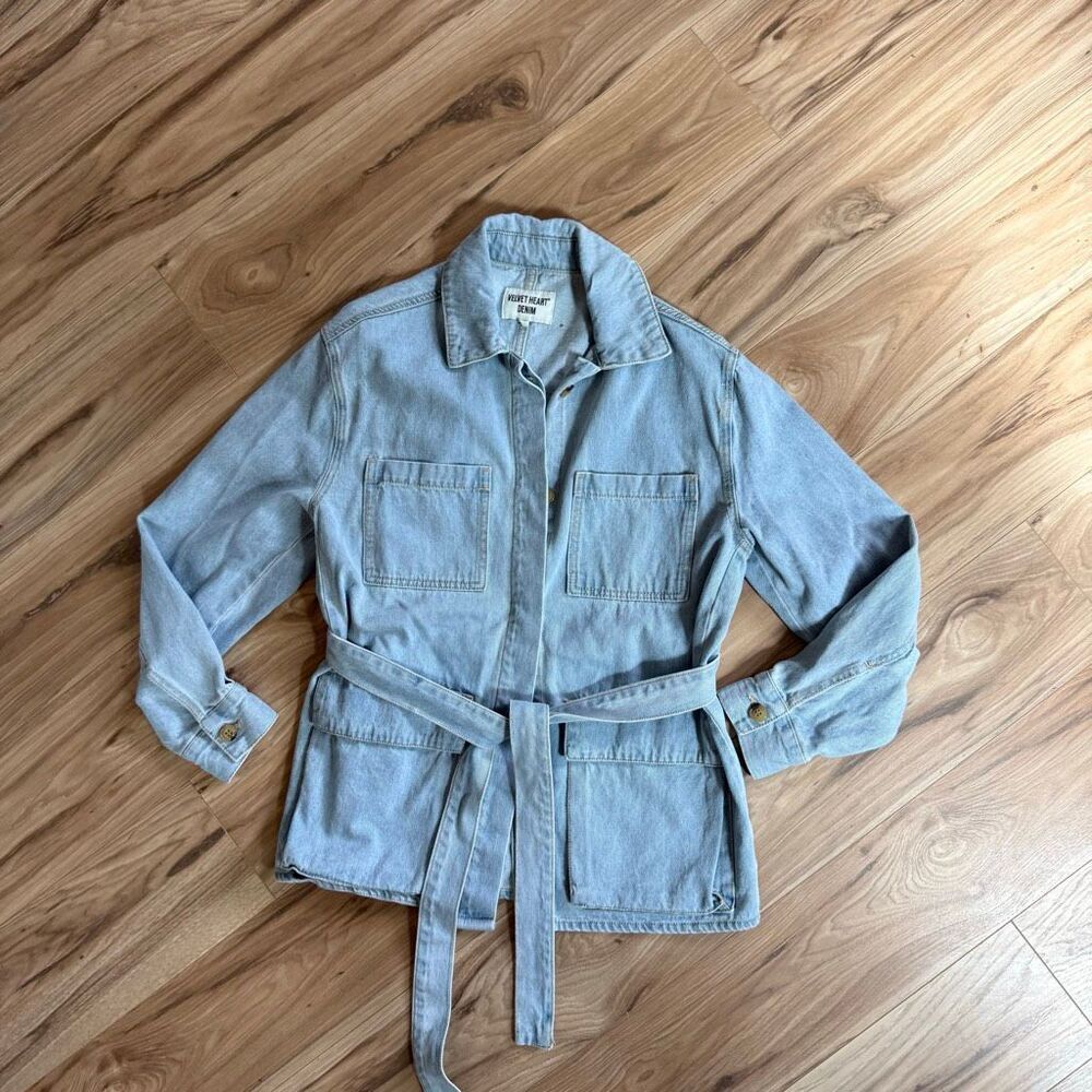 Velvet Heart Womens Light Wash Blue Denim Belted Cotton Utility Jacket Size XS